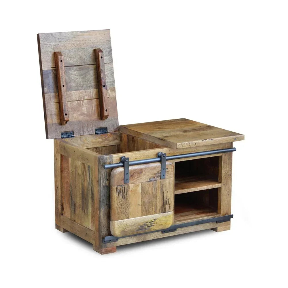 Rustic wood storage bench with hinged seat, sliding barn door, and open shelves