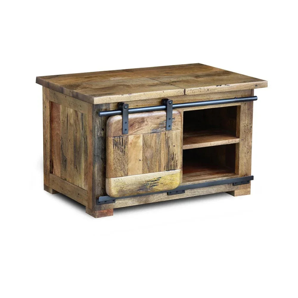 Rustic wooden coffee table with sliding barn door and open shelving