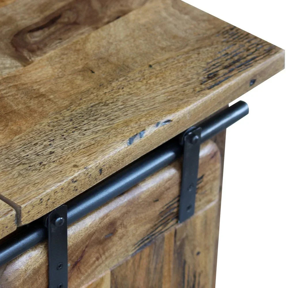 Closeup of rustic wooden cabinet with metal sliding door rail and natural wood grain