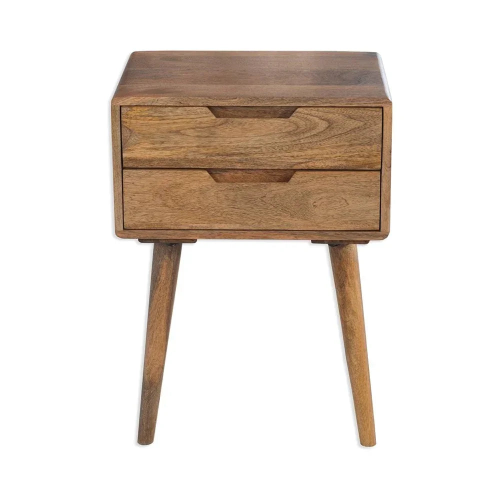 Solid wood bedside table with two drawers and angled legs, mid-century modern style