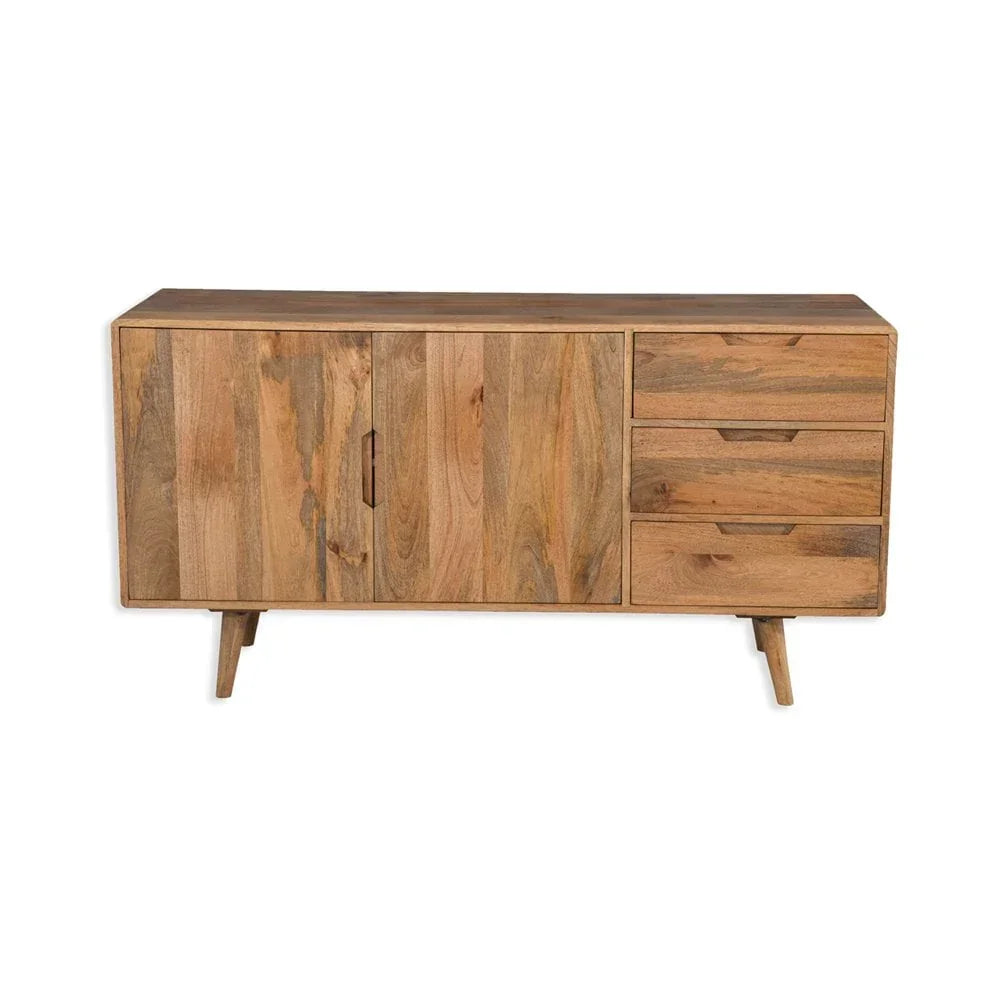 Mid-century mango wood sideboard with two doors and three drawers on angled legs
