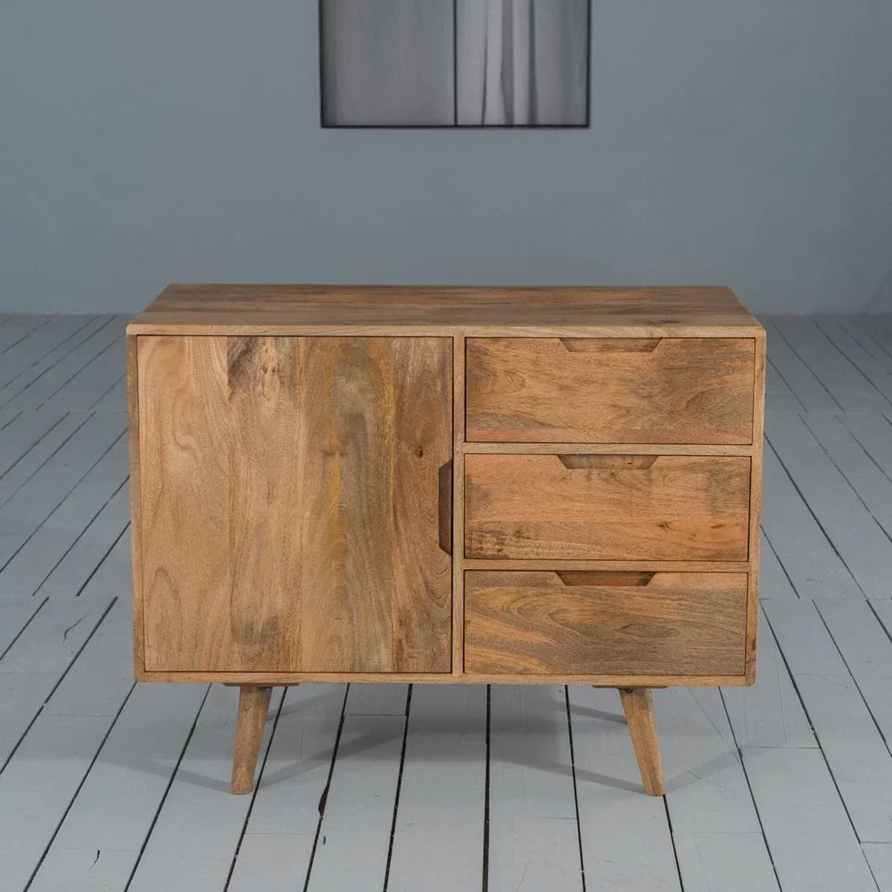 Mid-century mango wood sideboard with three drawers and cabinet on angled legs