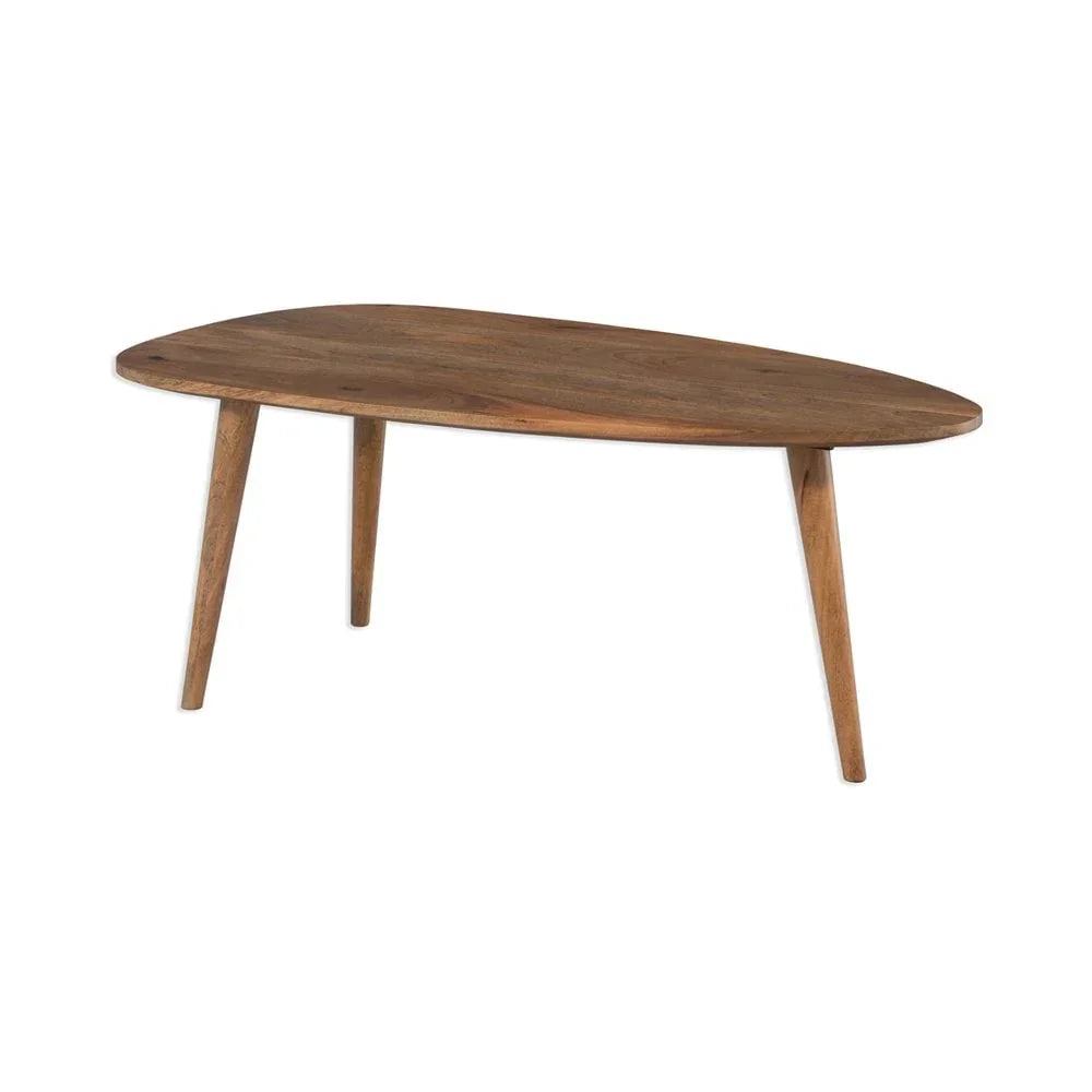 Solid wood coffee table with mid-century legs and oval top on white background