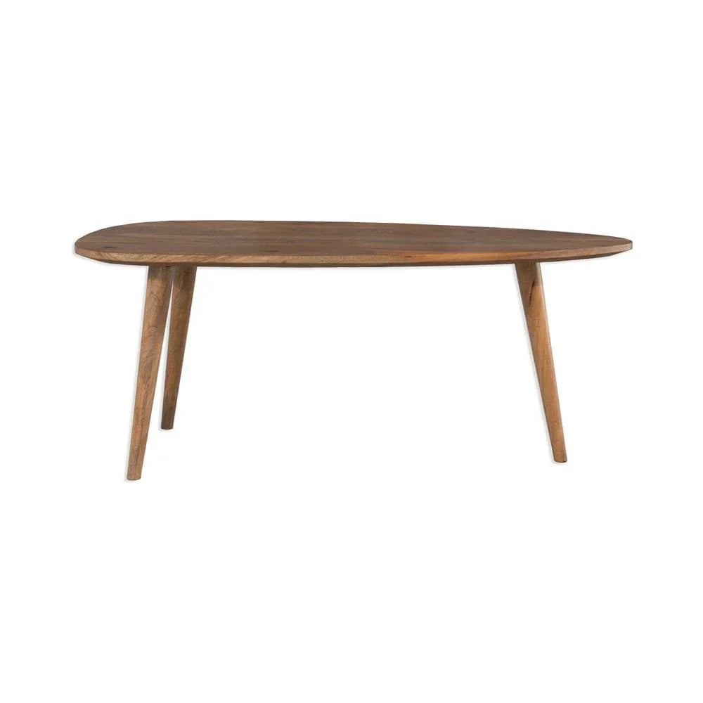 oval wooden coffee table with angled legs on white background