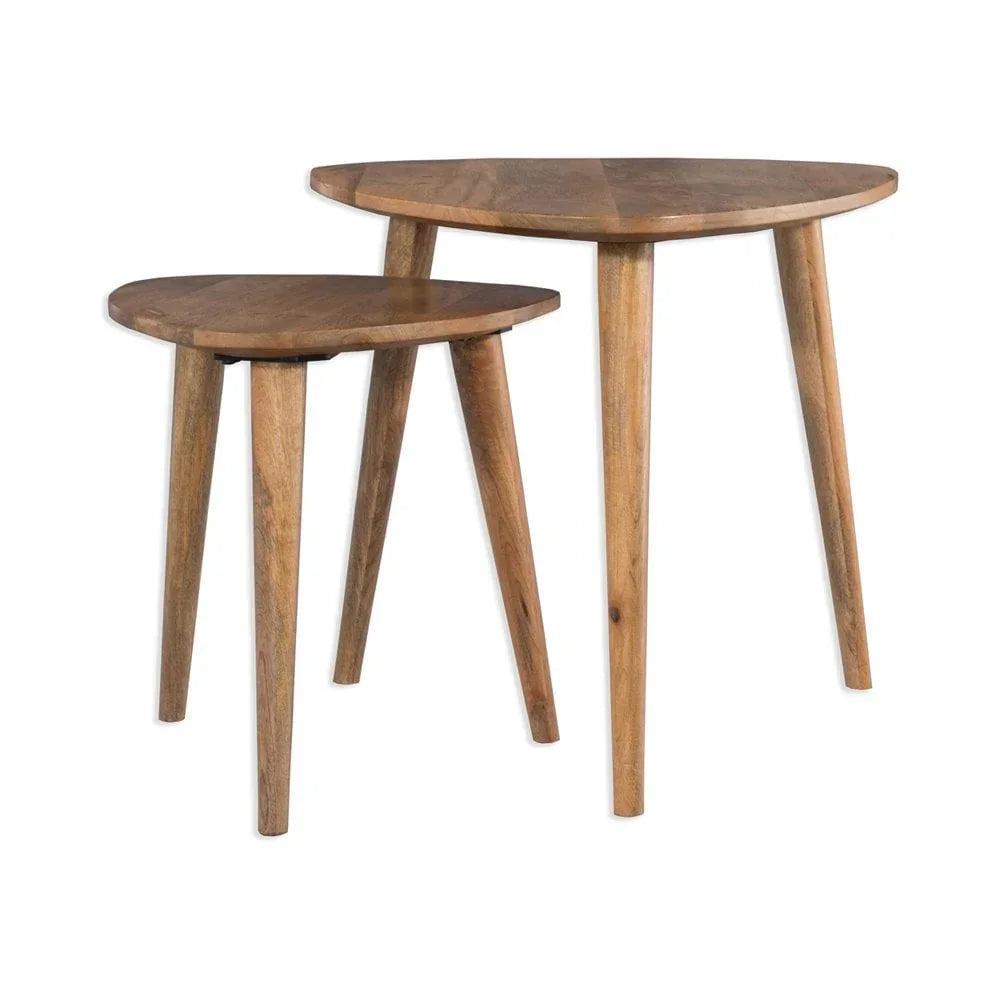 Set of two wooden nesting tables with round tops and angled legs