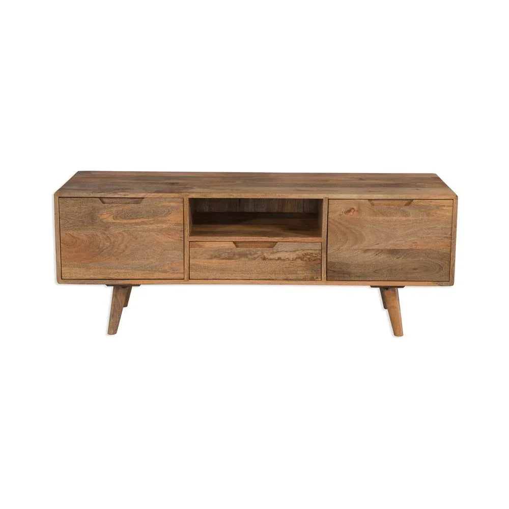 Solid wood TV unit with two drawers, open shelf and angled legs, natural finish