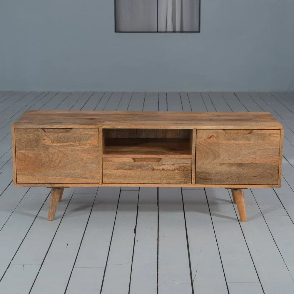 Solid wood TV stand with two side cabinets, central shelf and drawer on angled legs