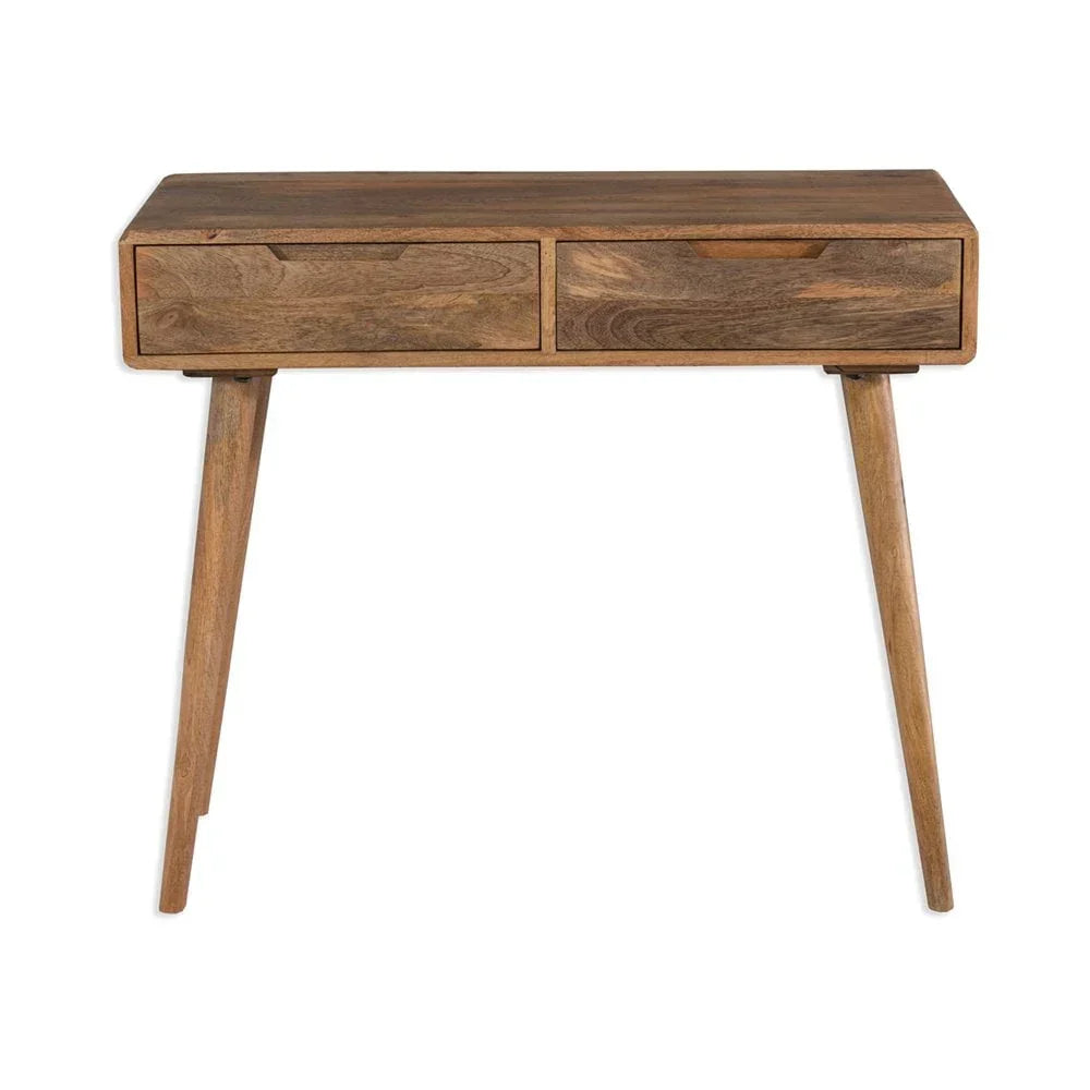 Wooden console table with two drawers and angled legs, front view