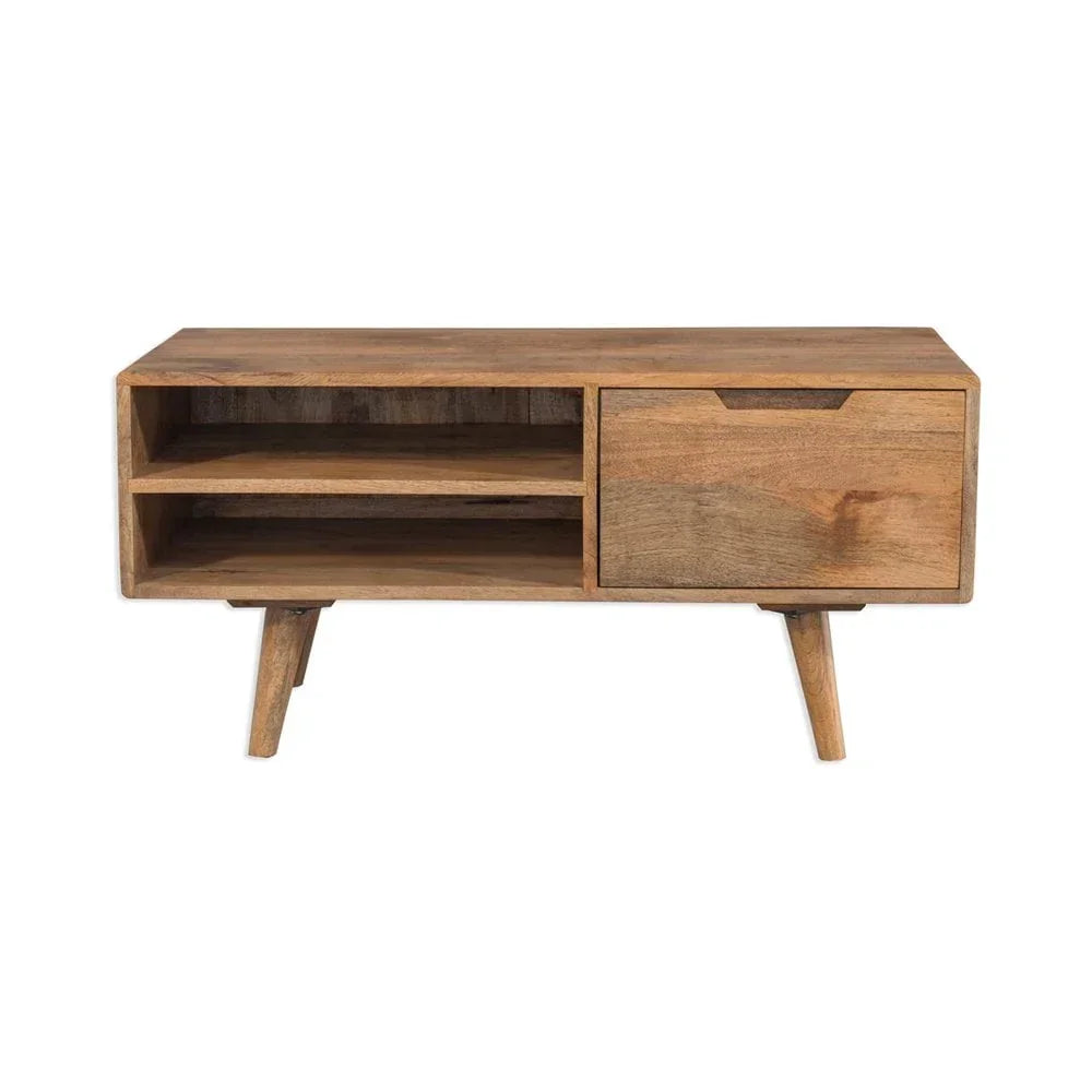 Solid wood TV unit with open shelves and single drawer, light brown finish, mid-century legs