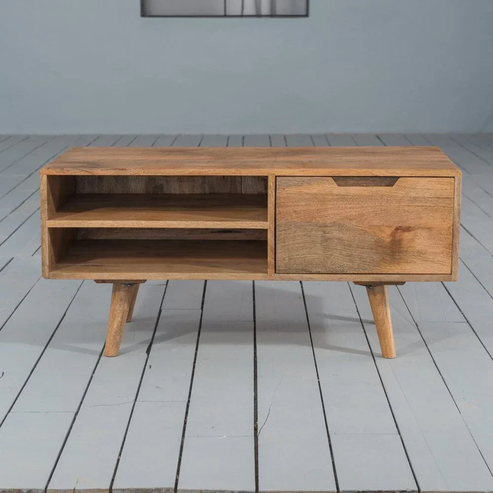 Mid-century wooden TV unit with open shelves and single drawer on angled legs