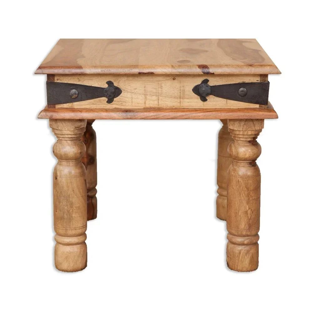 Solid wood side table with chunky turned legs and metal corner accents