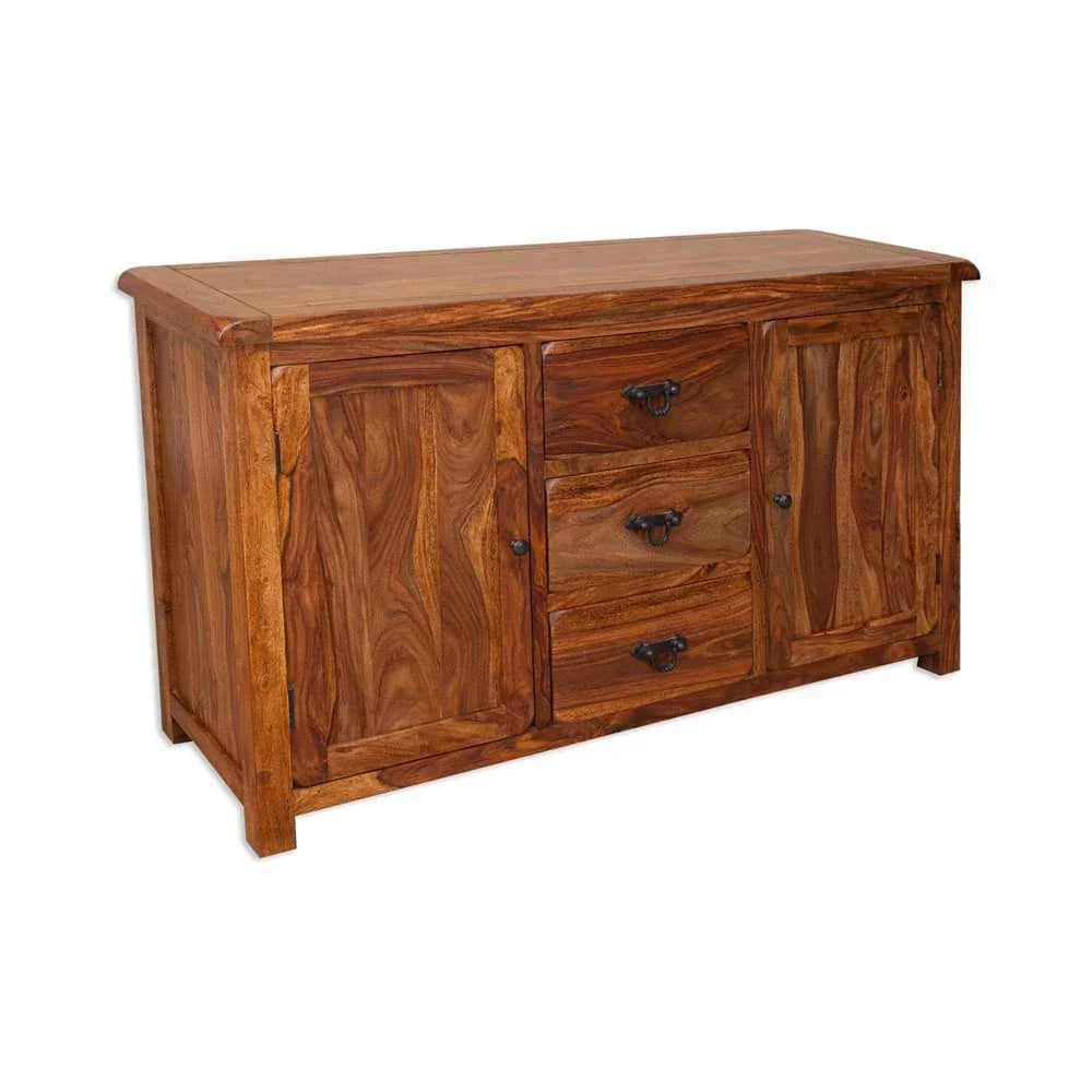 Solid wood sideboard with two cabinets and three drawers, natural finish, front angle view