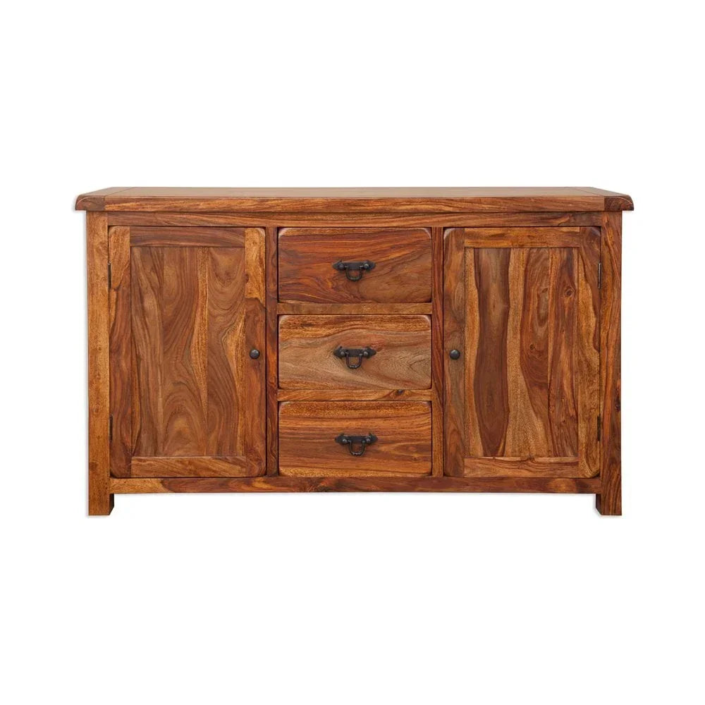 Solid wood sideboard with two doors and three central drawers, natural finish