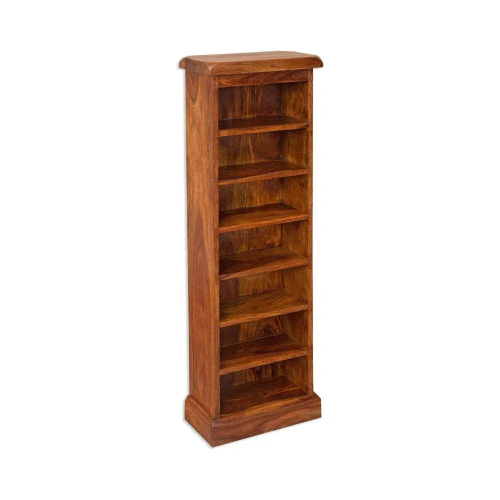 Tall wooden bookcase with six shelves and natural wood grain finish