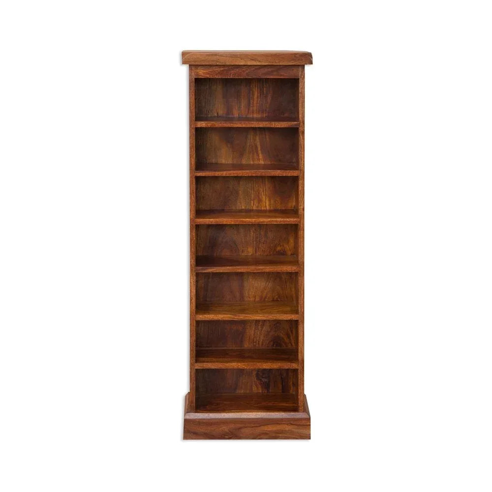 Tall solid wood bookcase with six shelves and rich brown finish against white background