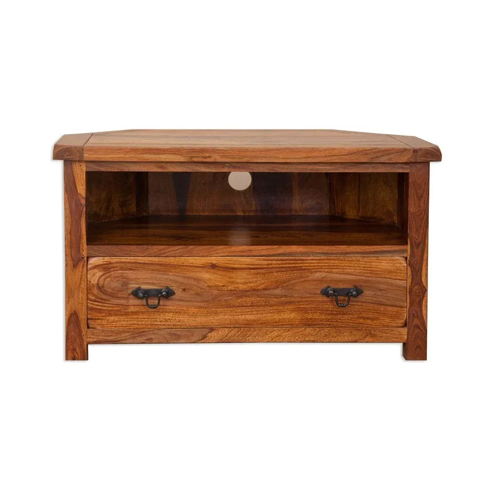 Solid wood TV unit with open shelf, cable cutout, and single drawer front view