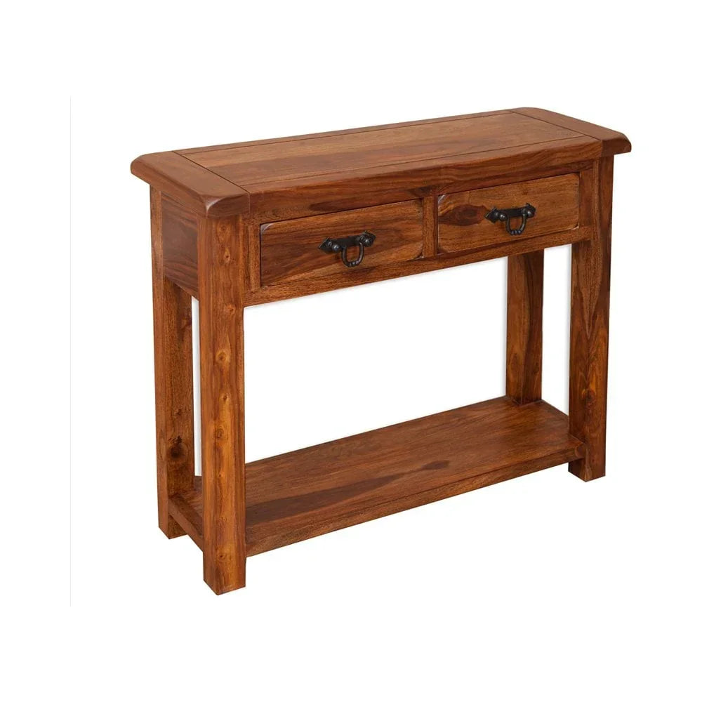 Solid wood console table with two drawers and lower shelf, front angle view