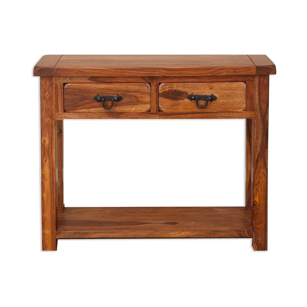 Solid wood console table with two drawers and lower shelf, straight front view