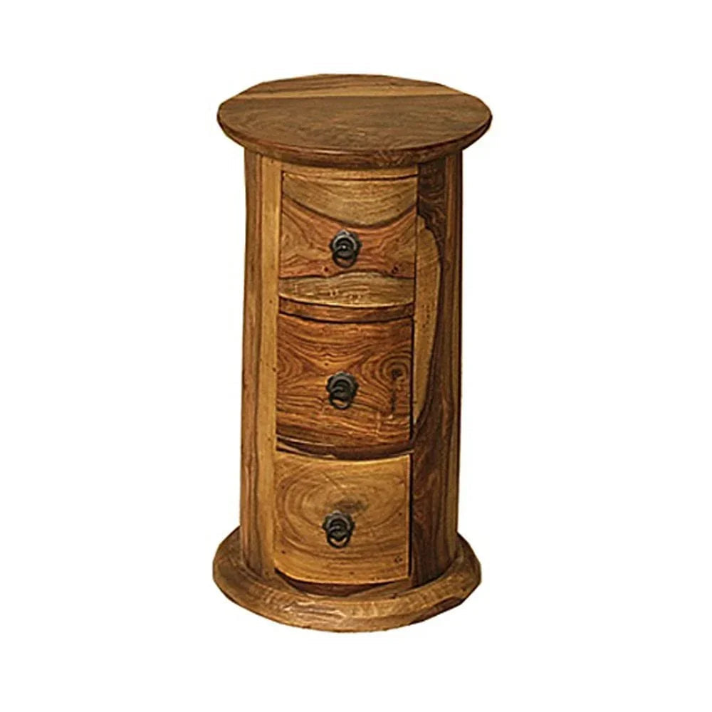 Round wooden chest of drawers with dark ring pulls, reddish-brown finish, angled view