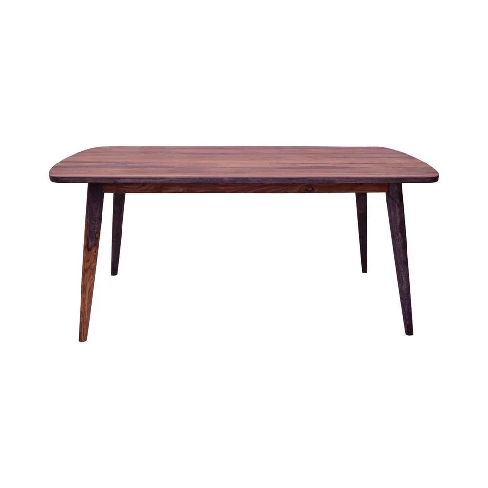 Rectangular wooden dining table with rounded corners and angled legs