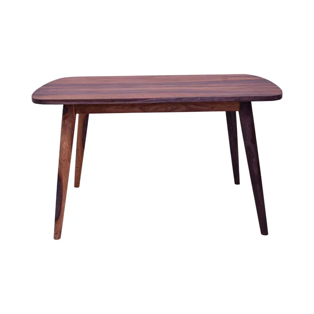 Rectangular wooden dining table with rounded corners and tapered legs