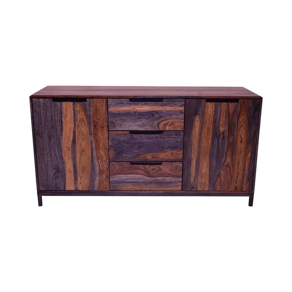 Contemporary wooden sideboard with two doors and three central drawers, natural wood grain finish
