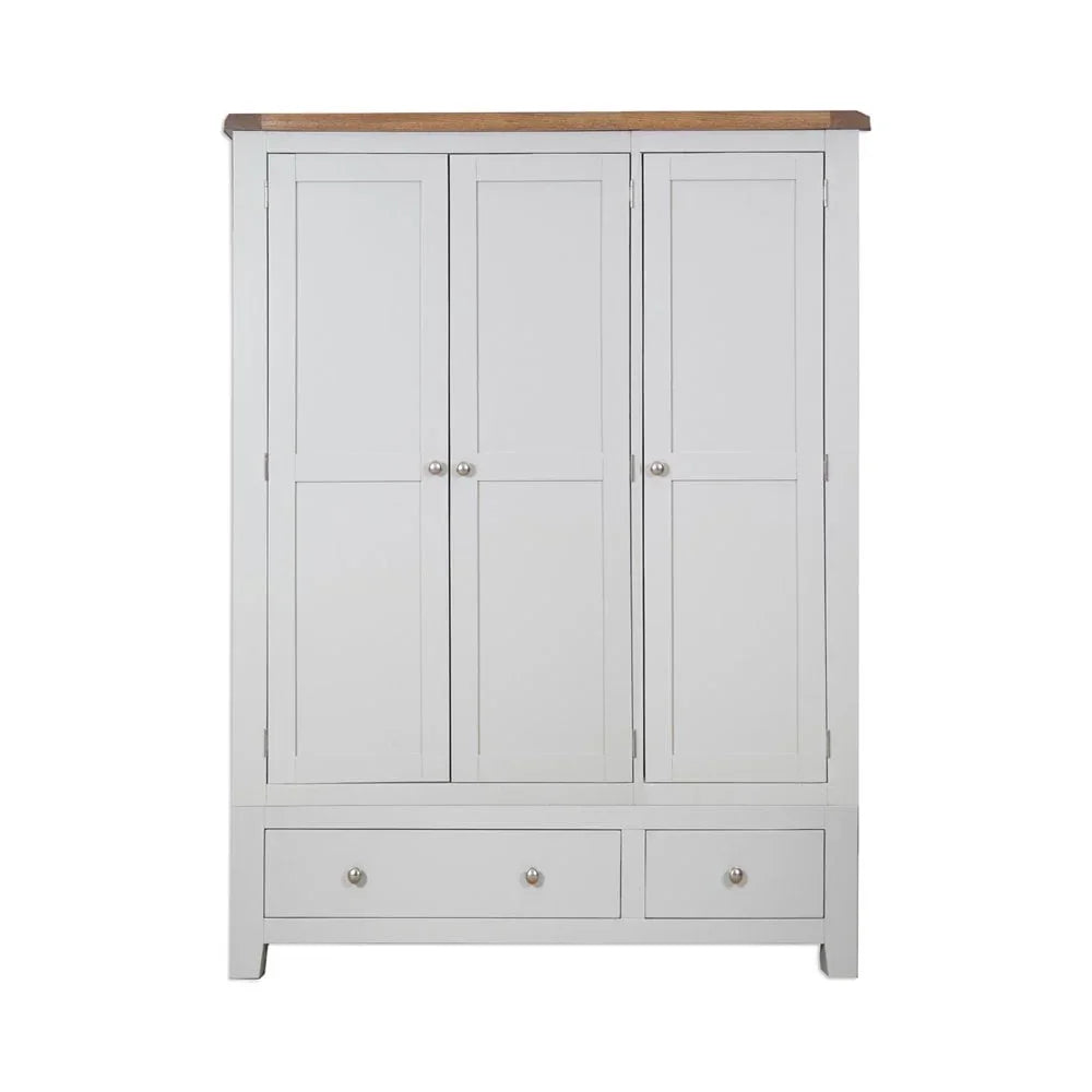 White wooden wardrobe with three panel doors and two lower drawers, oak top accent