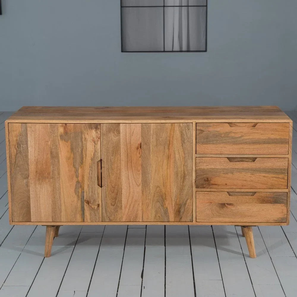 Wood sideboard with two doors and three drawers, natural finish, angled legs, front view