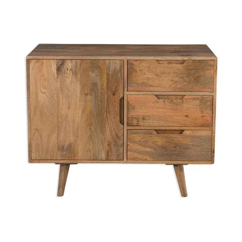 Solid wood sideboard with three drawers and one door in natural finish, mid-century style