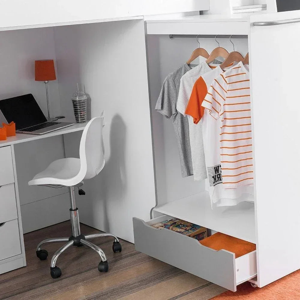 White children’s cabin bed with integrated desk, wardrobe rail, and open storage drawer