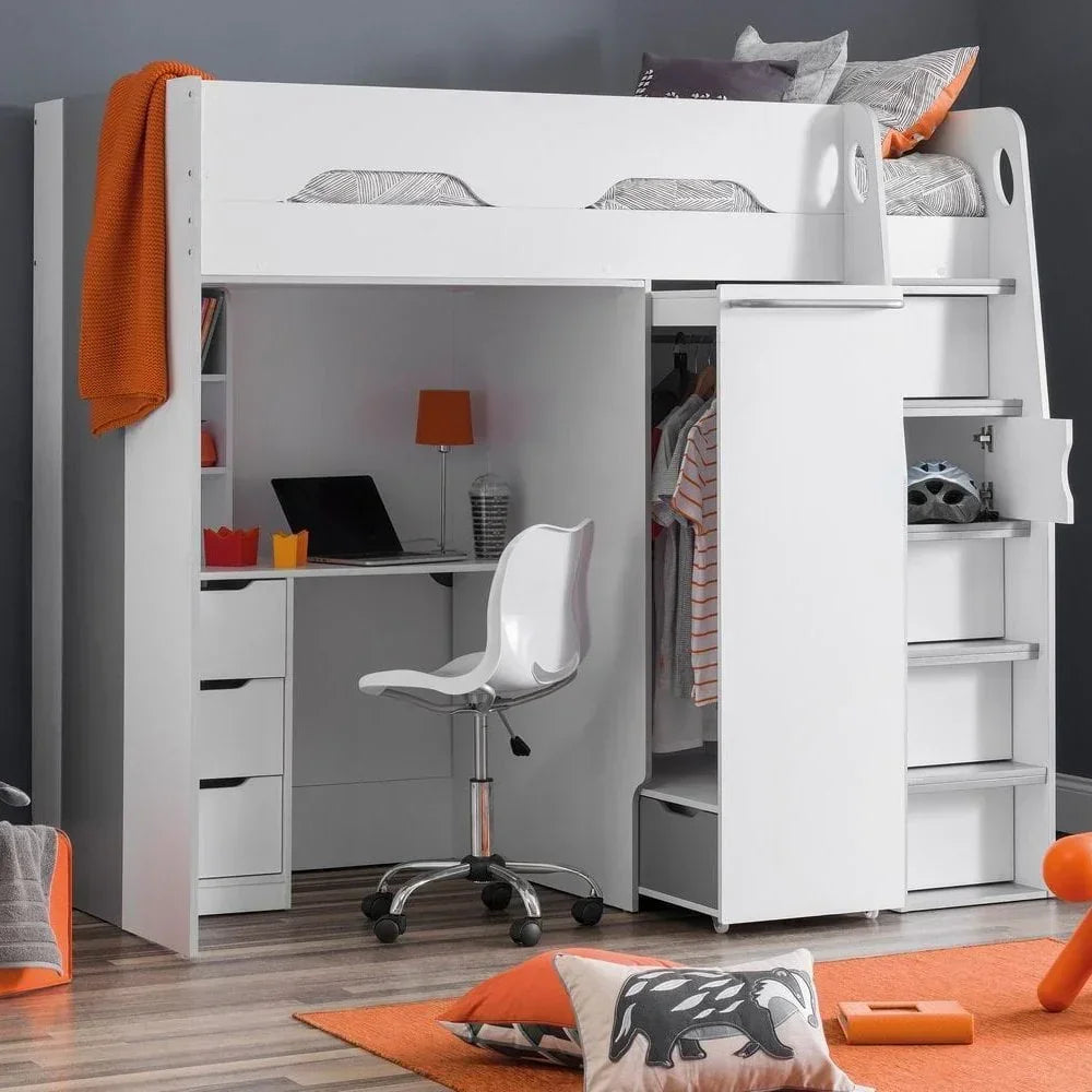 White loft bed with integrated desk, wardrobe, and drawers in a modern bedroom