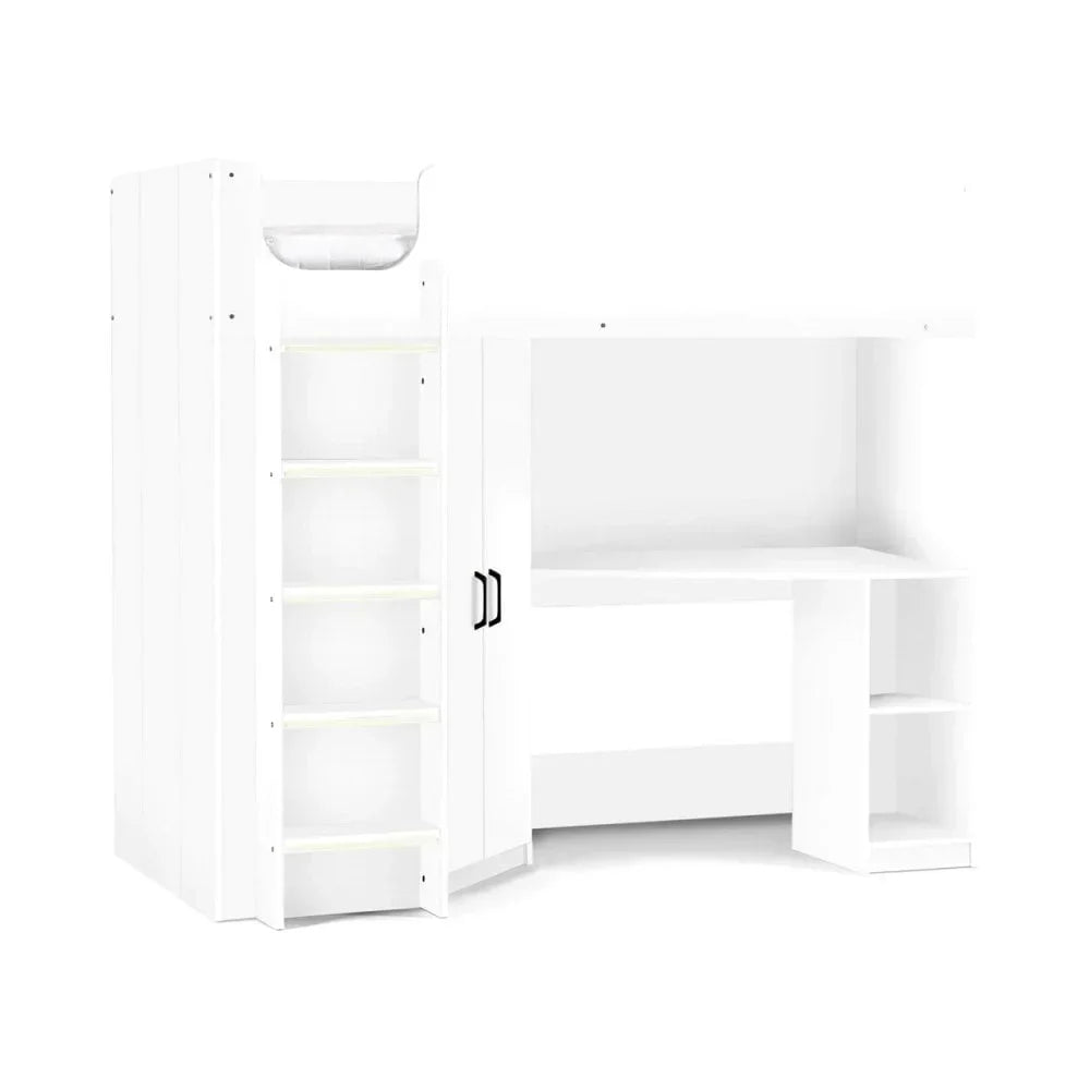 White loft bed with ladder, integrated shelves, wardrobe and corner desk