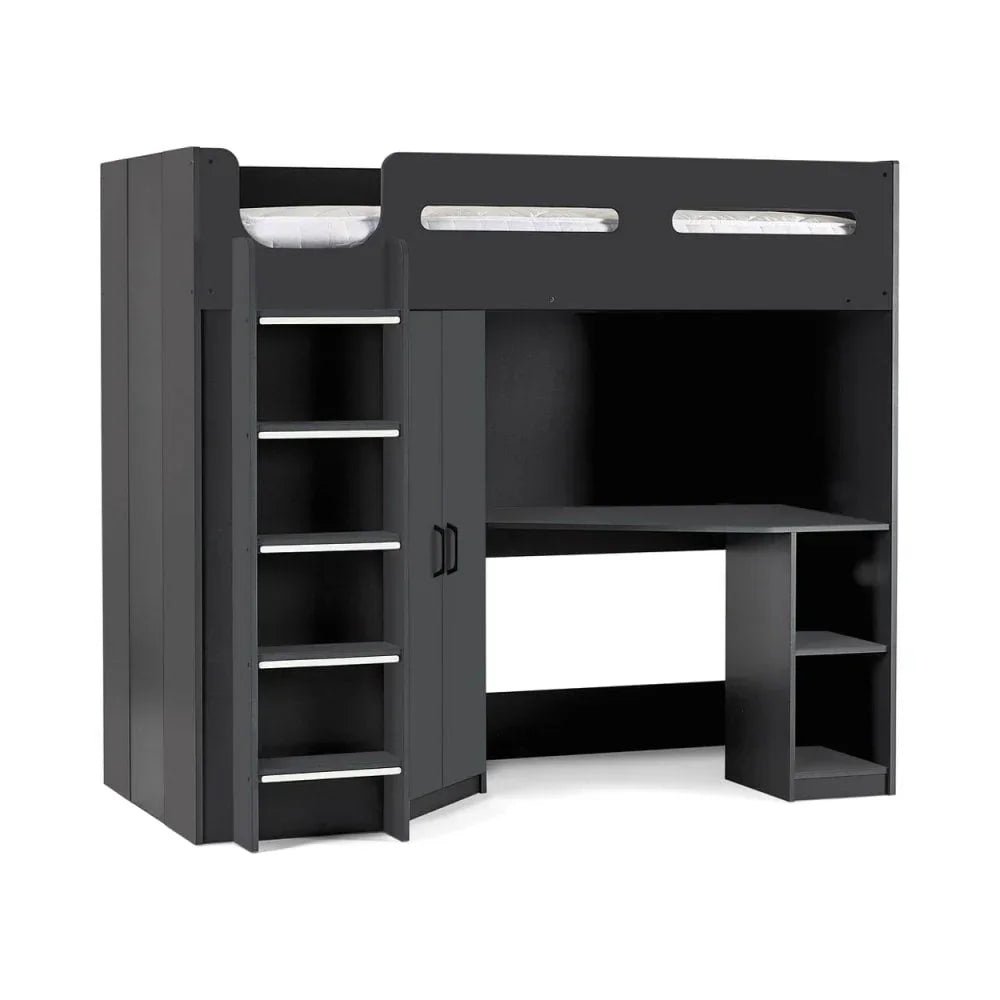 Black kids’ loft bed with integrated desk, wardrobe, stairs and open shelving