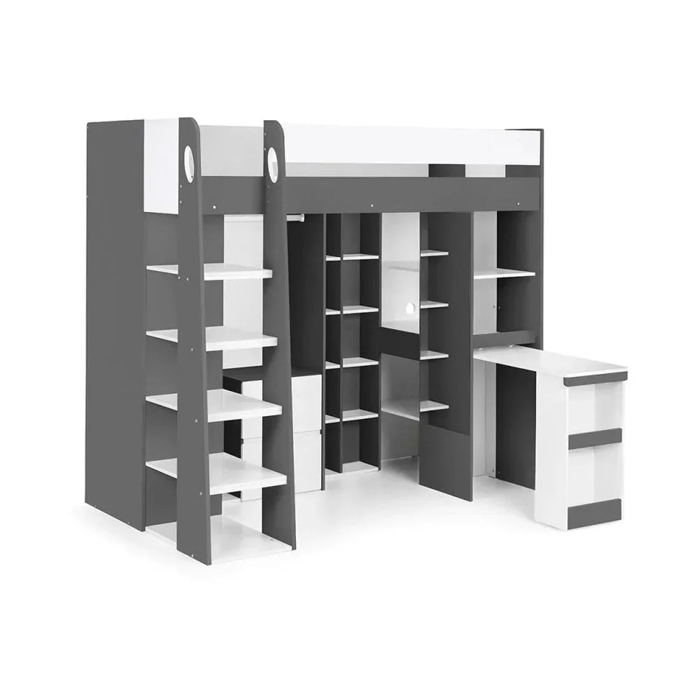 Grey and white loft bed with integrated shelves, wardrobe and pull-out desk