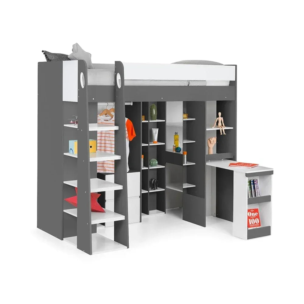 Grey and white loft bed with open shelving, wardrobe, and integrated desk