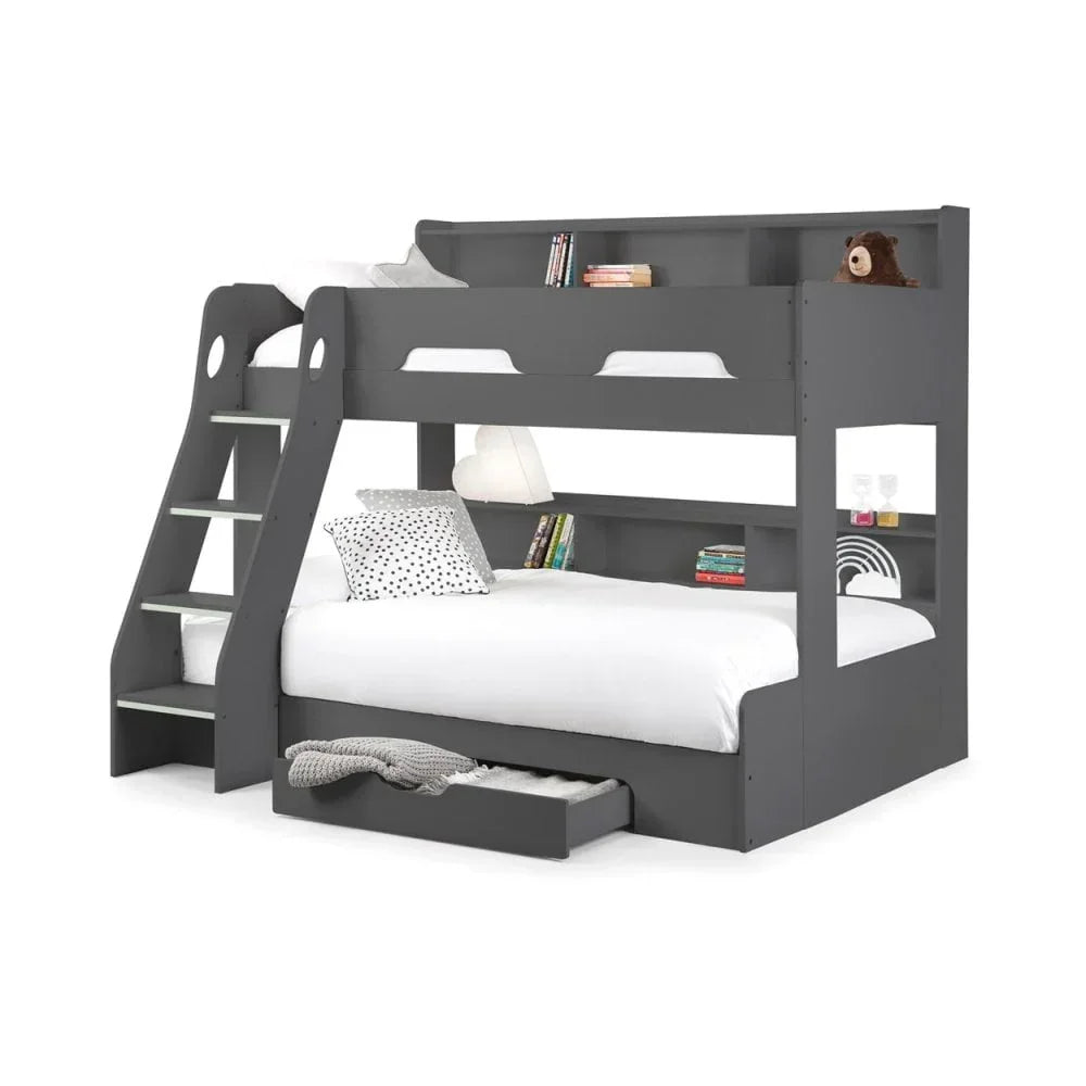Grey bunk bed with storage shelves, ladder, underbed drawer, and white bedding