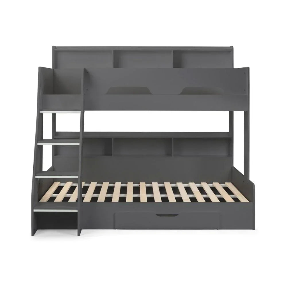 Grey bunk bed with shelving, staircase, and drawer storage, wooden slats visible on lower bed