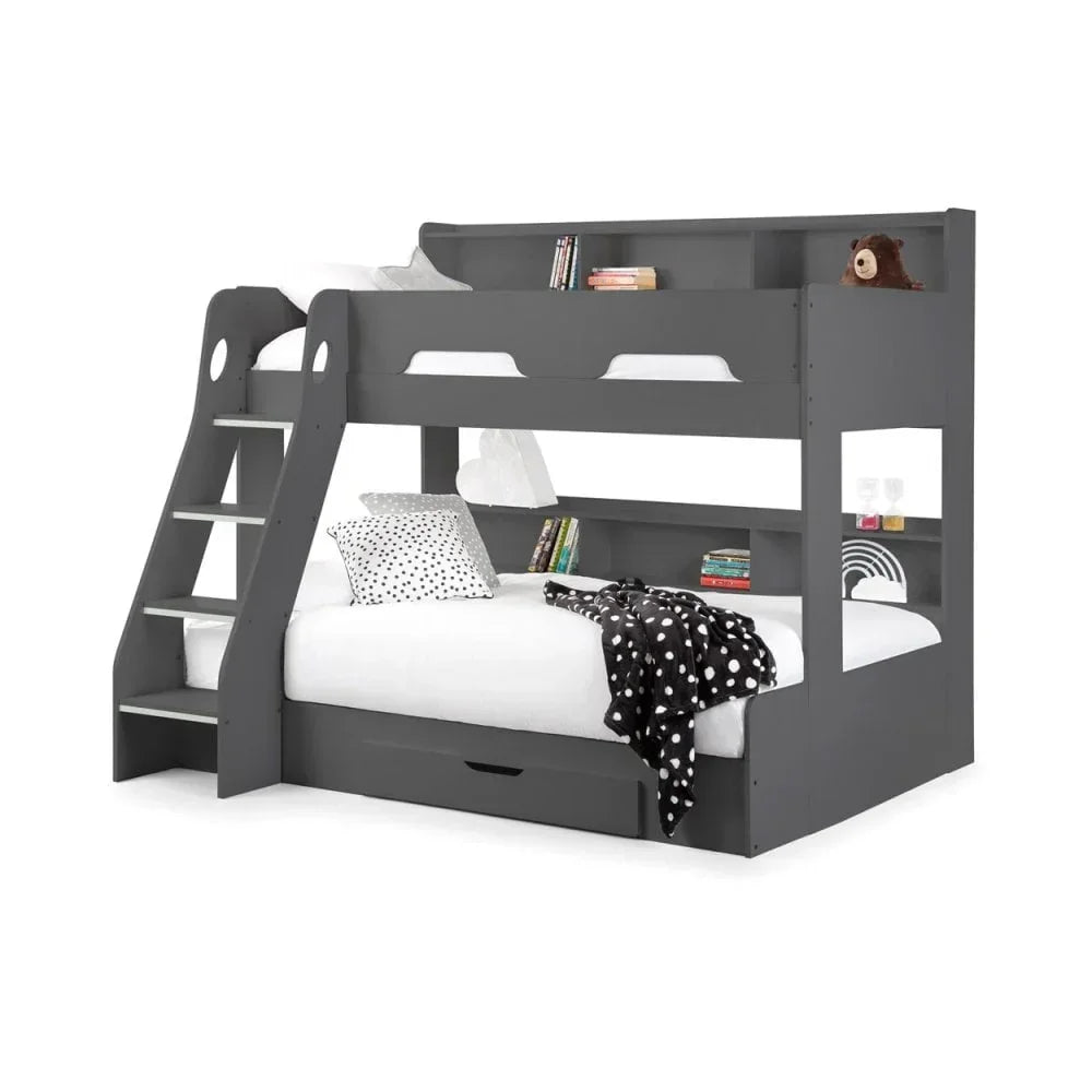 Grey bunk bed with ladder, shelving, and underbed storage, dressed with white bedding