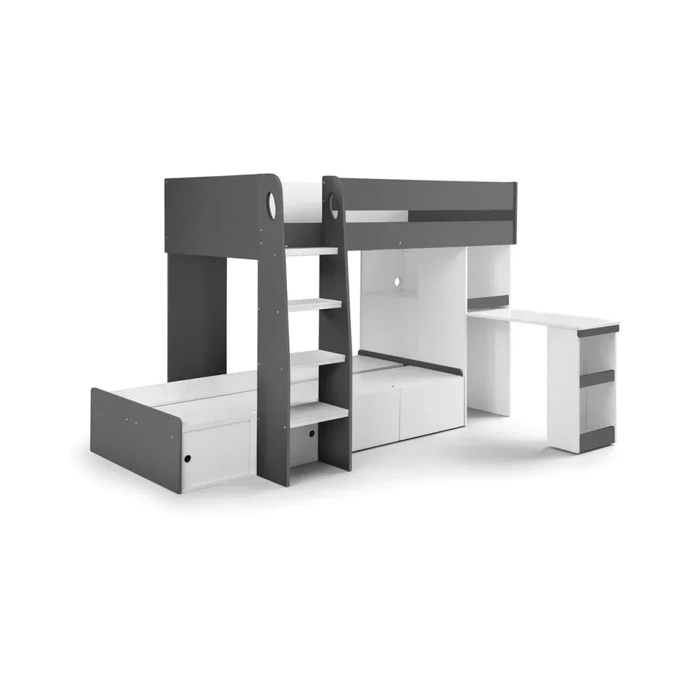 Grey and white bunk bed with built-in desk, ladder, shelves, and storage drawers