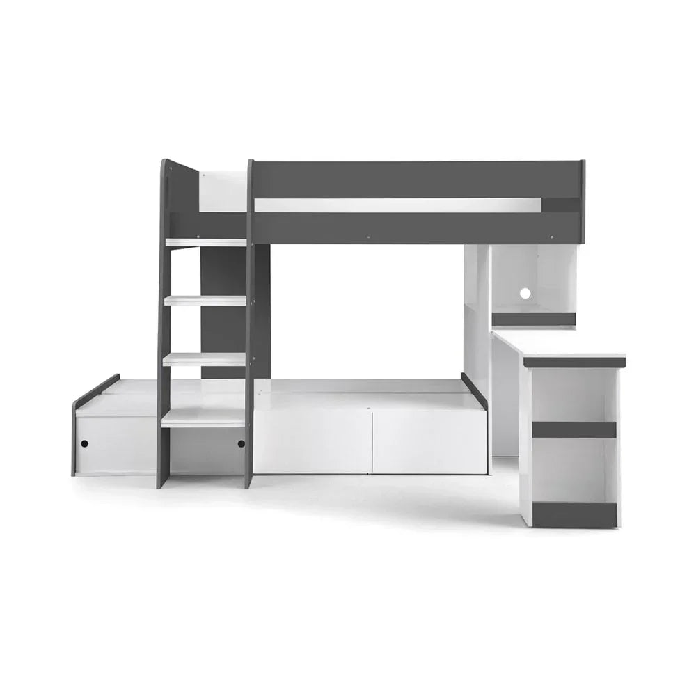 White and grey high sleeper bed frame with built-in ladder, drawers, desk and shelving