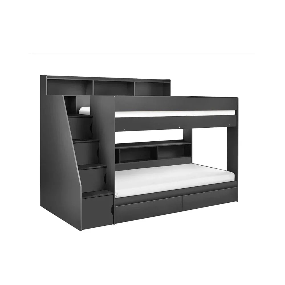 Black bunk bed with storage steps, shelves, and drawers on white background