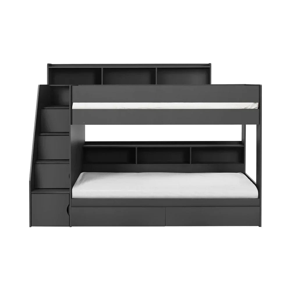 Charcoal grey bunk bed with built-in storage stairs and shelving, front facing view