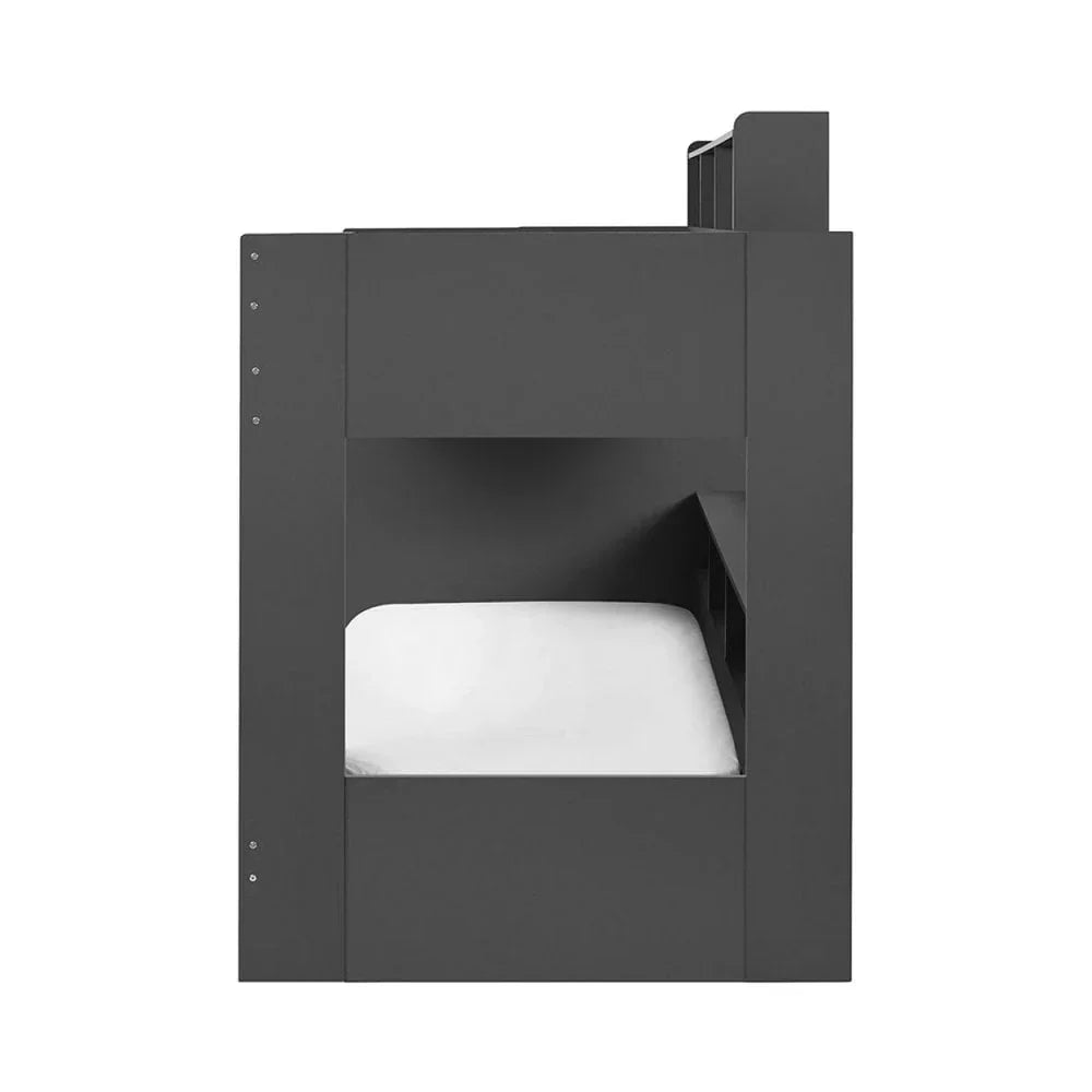 Side view of black wooden bunk bed with white mattress, modern panel design