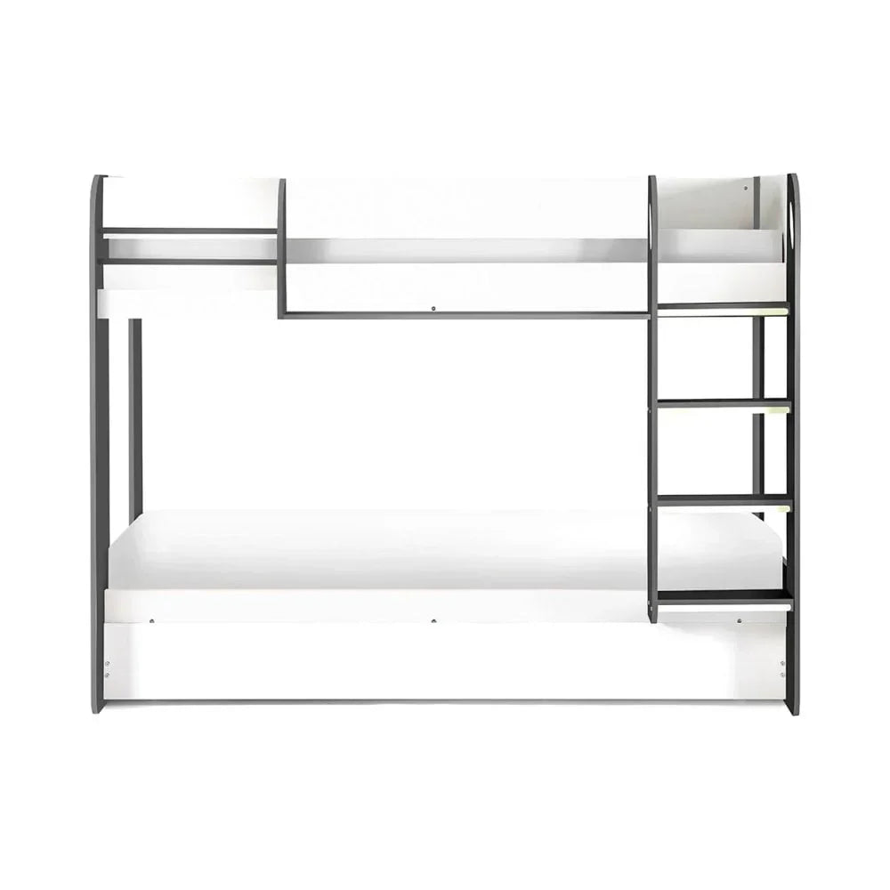 White and grey bunk bed frame with safety rails and ladder, side view
