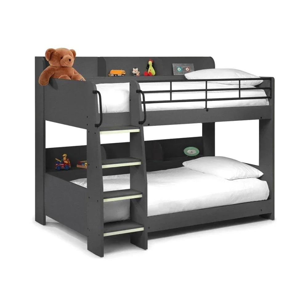Grey wooden bunk bed with shelving, ladder and toys, white bedding included