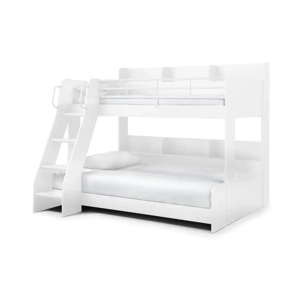White wooden bunk bed with angled ladder, single upper and double lower bunk