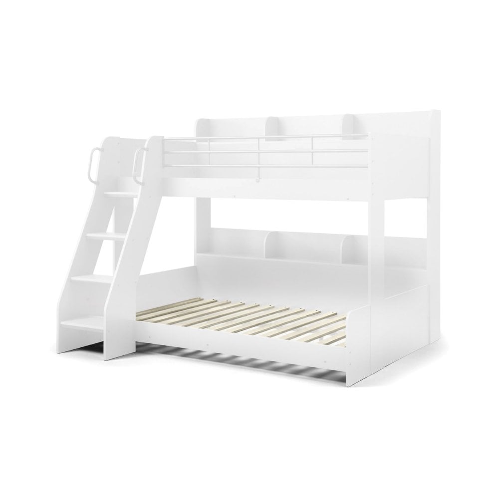 White wooden bunk bed with angled ladder and safety rails, lower bed frame slats visible