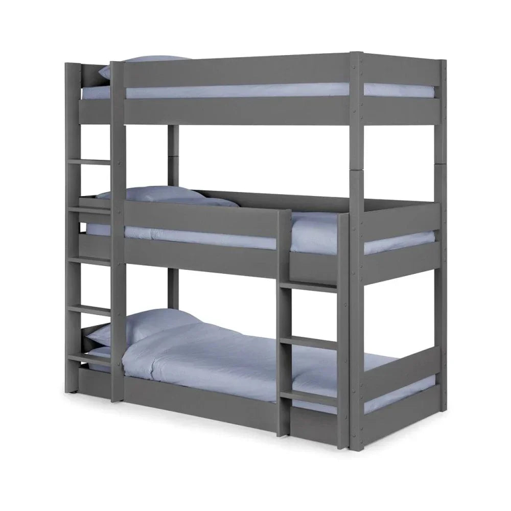 Grey triple bunk bed with three stacked beds and built-in ladders