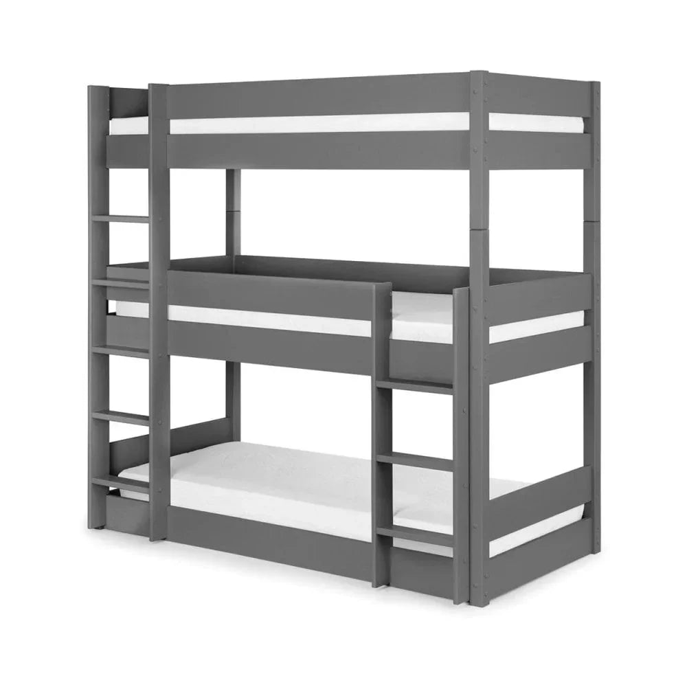 Grey wooden triple bunk bed with ladders on both sides and white mattresses
