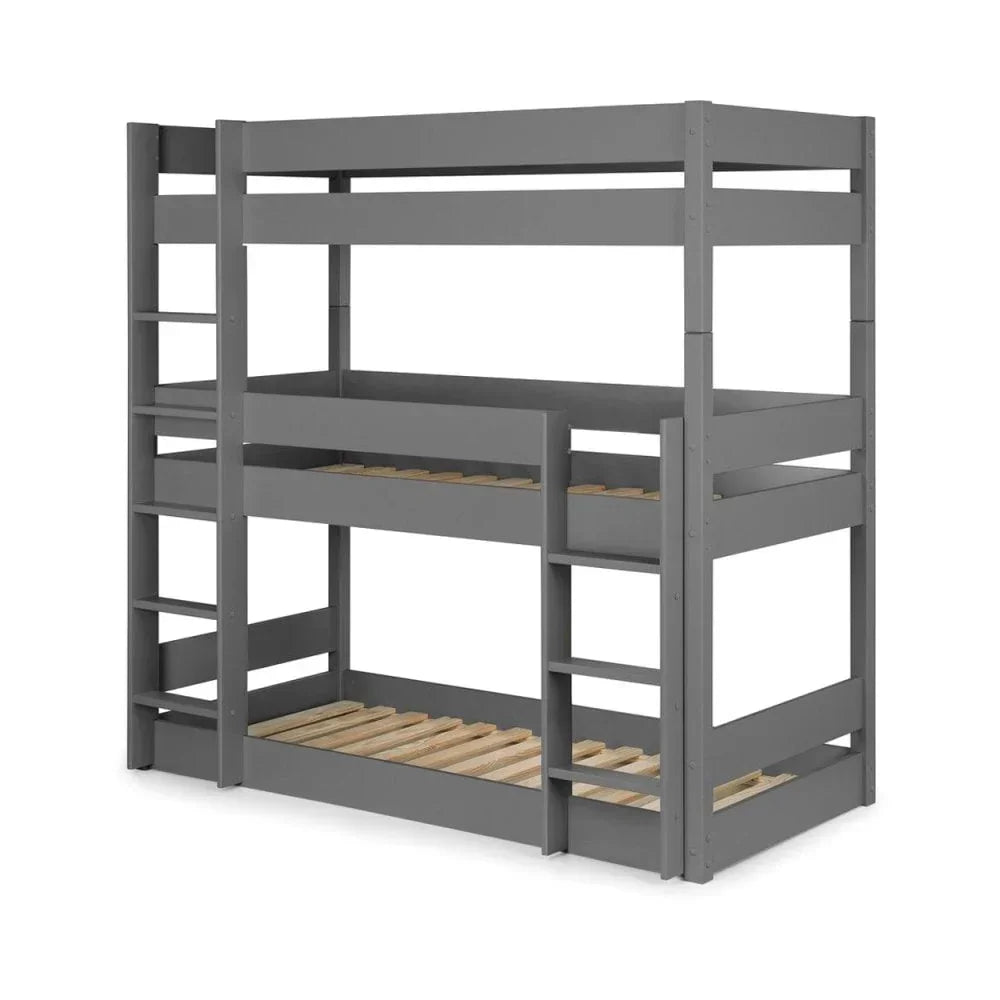 Grey wooden bunk bed frame with twin ladders and safety rails, shown at an angle